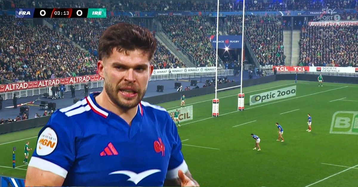 Jalibert fragile en défense ? Face à l’Irlande, l’ouvreur des Bleus a montré un tout autre visage grâce à un positionnement tactique malin. Crédit image : Screenshot SkySport