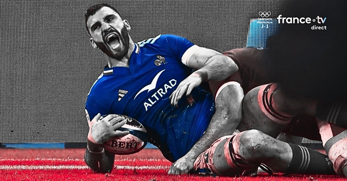 67 mètres gagnés, 15 après contact : Ollivon avance et fait avancer les Bleus à chaque prise de balle. Crédit image : Screenshot France 2