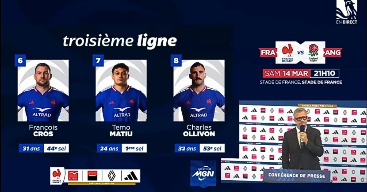 Charles Ollivon utilisé en 8 ce samedi, Matiu aura la plus grande opportunité de son début de carrière, en numéro 7, au stade de France.  Screenshot : FFR