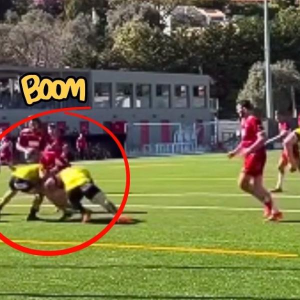 VIDEO. "Assis !" La charge dévastatrice de ce numéro 8 amateur (108kg) qui offre la 1ère place à son équipe
