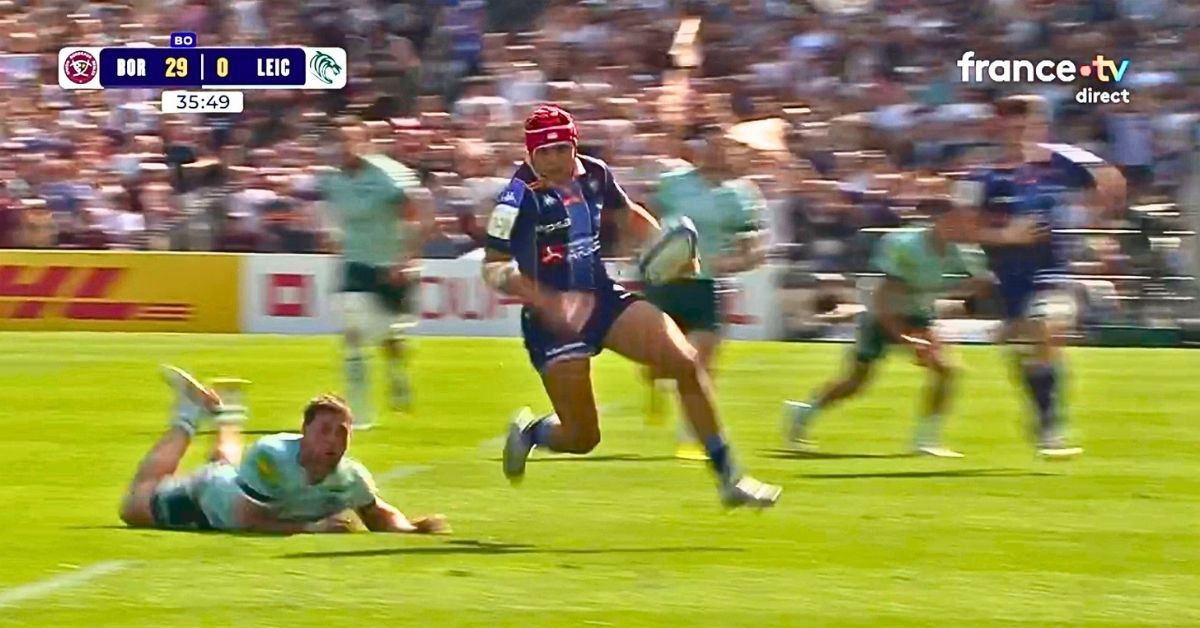 L'ailier de Bordeaux Louis Bielle-Biarrey dans ses oeuvres en Champions Cup. Crédit image : Screenshot France 2