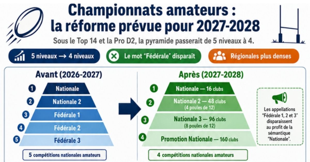 Voici sous la forme d'un schéma simplifié l'évolution de la pyramide des championnats amateurs, à compter de la saison 2027-2028. Crédit : Open AI