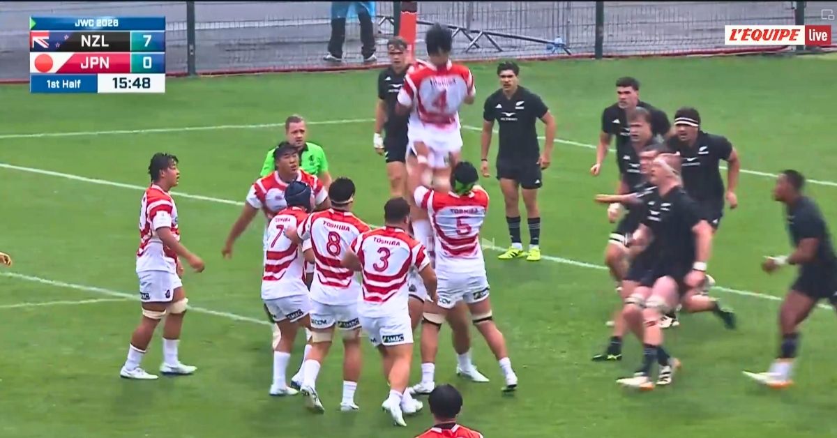 Le Japon U20 n’a pas seulement marqué contre la Nouvelle-Zélande. Il a rappelé que le rugby se joue aussi dans les détails, les règles et la malice. Crédit image : L'Equipe TV