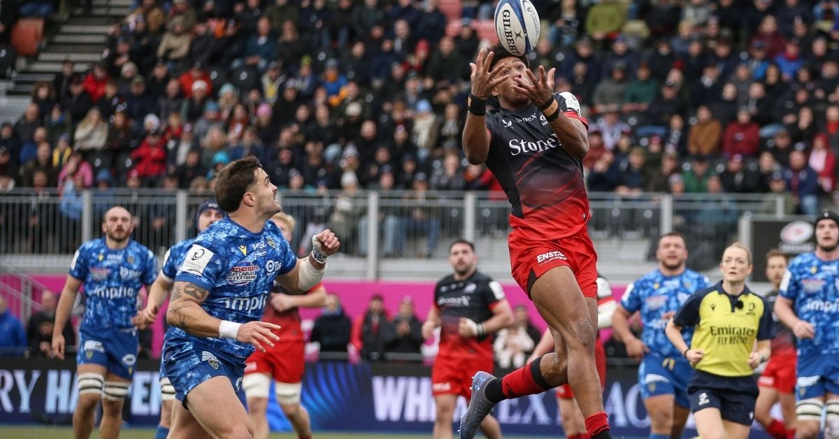 Noah Caluori, le meilleur récupérateur de ballons aériens sur coups de pied offensifs, à l’assaut du Stade Toulousain et de La Rochelle en Champions Cup. ©INPHO/Cat Goryn (EPCR)