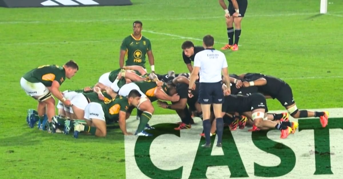 À Ellis Park, la mêlée des Boks avait fait vivre un enfer aux All Blacks. Une semaine plus tard, Dave Rennie souhaite que certains angles soient davantage surveillés. Crédit image : Screenshot Canal +
