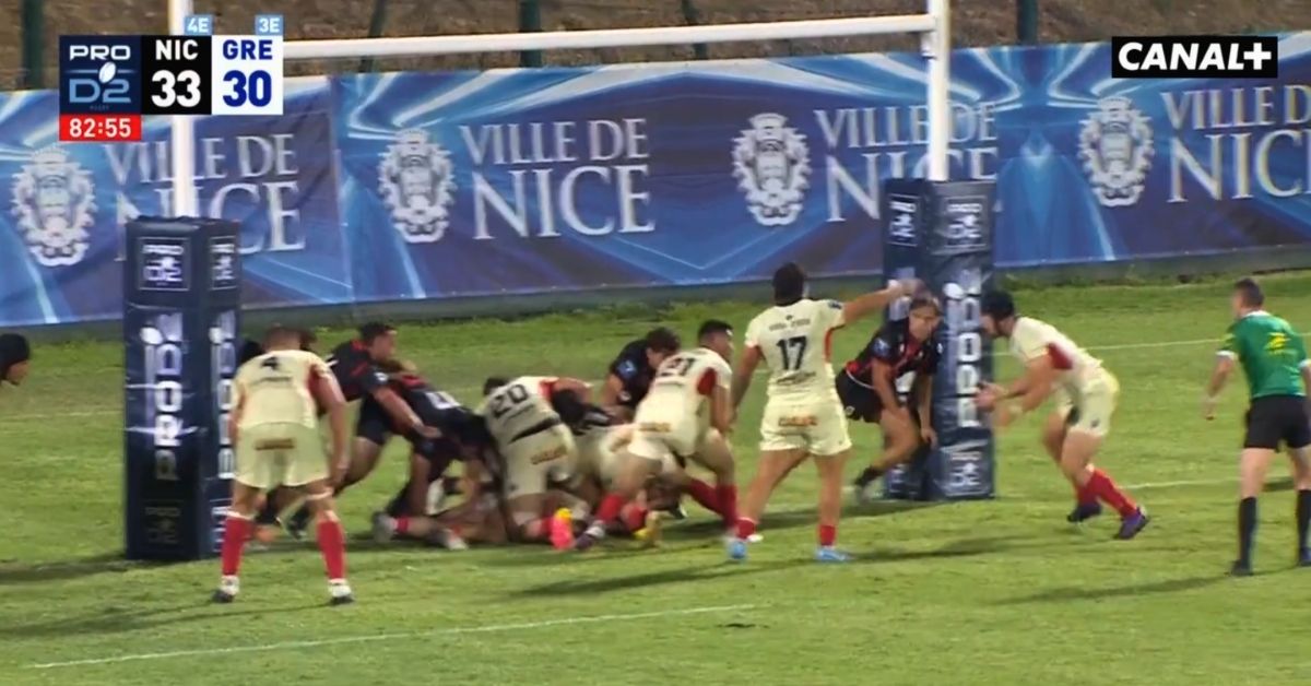 Il avait marqué deux essais en vingt matchs la saison passée. À Nice, Lilian Rossi en a inscrit trois, dont celui de la victoire après la sirène. Crédit image : Screenshot Canal +