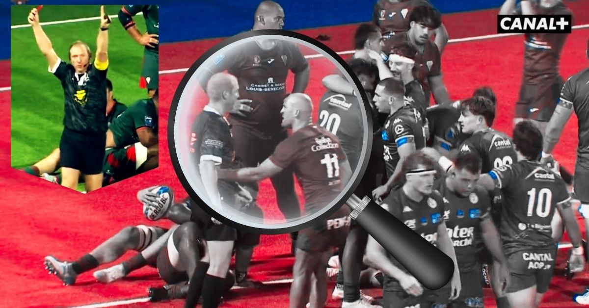 Biarritz a encaissé 52 points à Aurillac, mais le carton rouge de Mathieu Acebes fait davantage parler. Tout dépend désormais des faits retenus par l’arbitre. Crédit image : Screenshot Canal +
