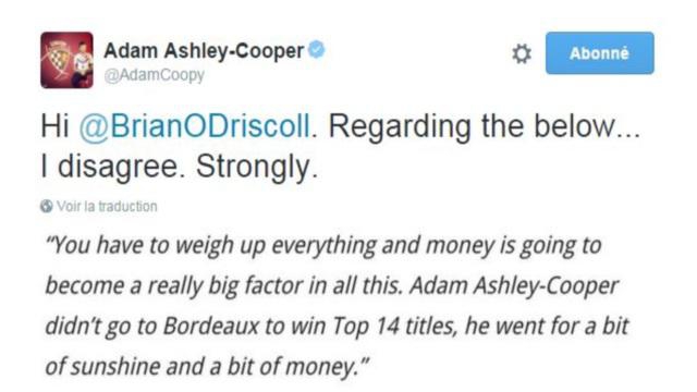 Brian O'Driscoll s'en prend à Adam Ashley-Cooper, le néo-Bordelais lui répond sur Twitter