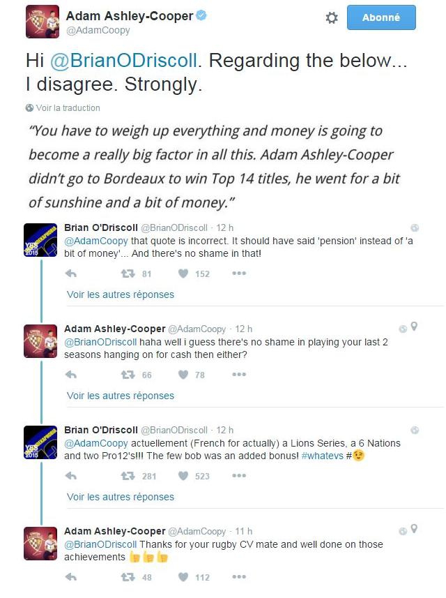 Brian O'Driscoll s'en prend à Adam Ashley-Cooper, le néo-Bordelais lui répond sur Twitter