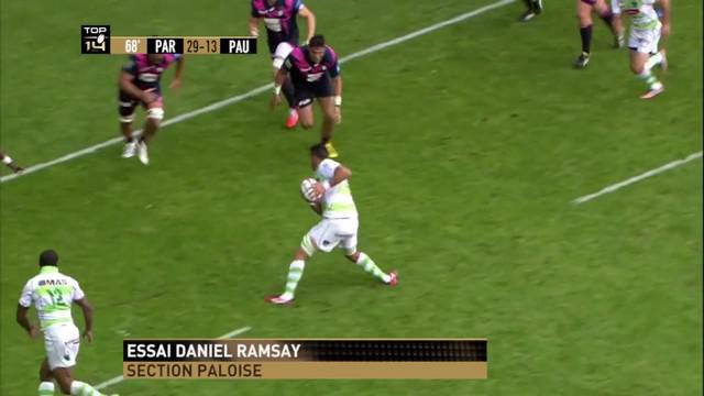 VIDEO. Top 14 - Section Paloise. Le 2e ligne Daniel Ramsay élimine cinq défenseurs parisiens sur un crochet 