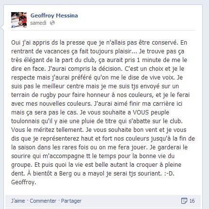 Non conservé par le RCT, Geoffroy Messina est amer