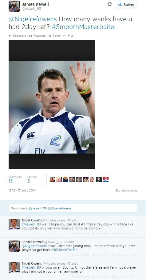 INSOLITE. Nigel Owens colle un gros caramel à un internaute sur Twitter