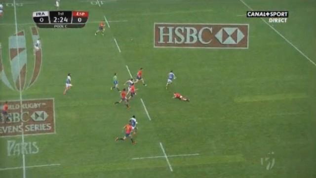 VIDEO. Paris 7s - Jean-Pascal Barraque s'amuse dans la défense espagnole et envoie France 7 en Cup