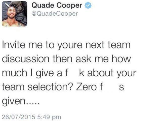 WALLABIES. Quade Cooper craque sur Twitter après un article critiquant son niveau de jeu