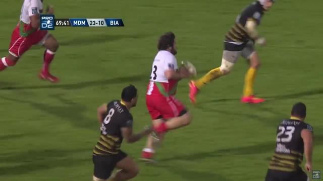 VIDEO. Pro D2. Le pilier du BO Stéphane Clément enchaîne jeu au pied et offload face au Stade Montois