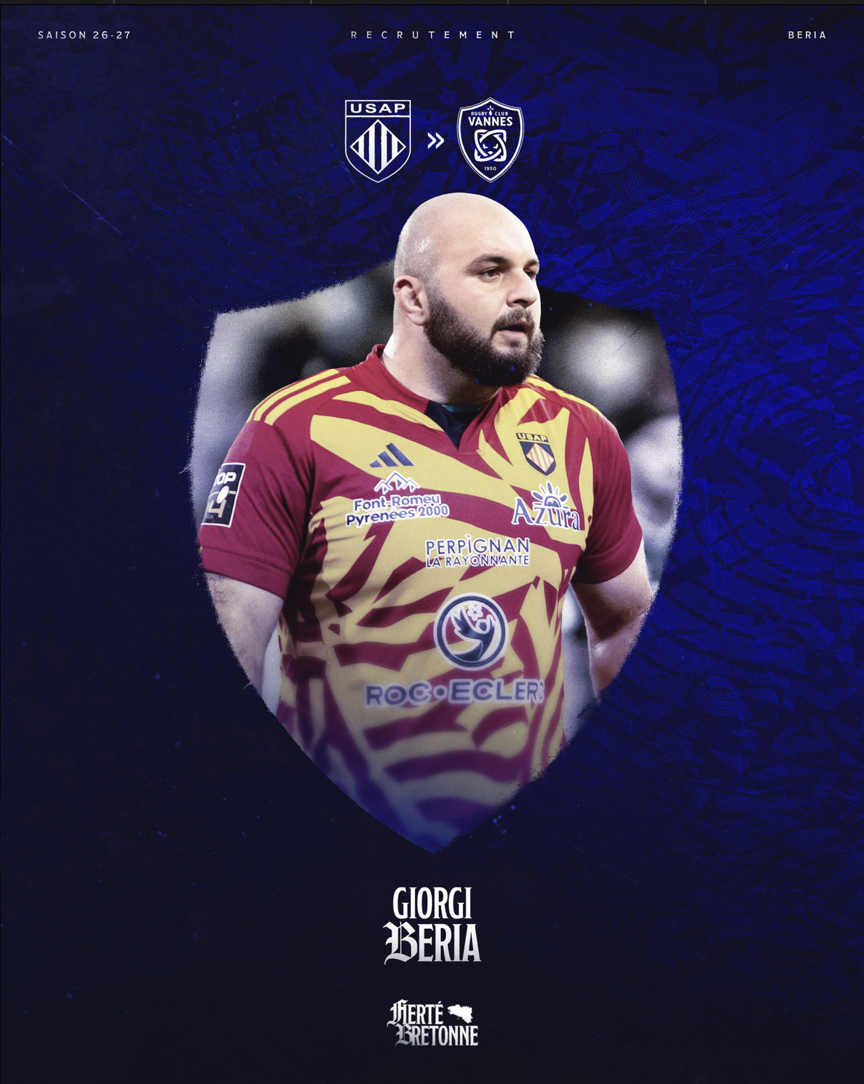 En image la communication du club vannetais annonçant l'arrivée de Giorgi Beria. Source : X - @RugbyClubVannes